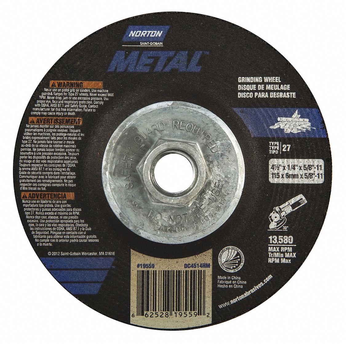 DEPRESSED CENTRE GRINDING WHEEL, TYPE 27, 4½ IN X ¼ IN X ⅝