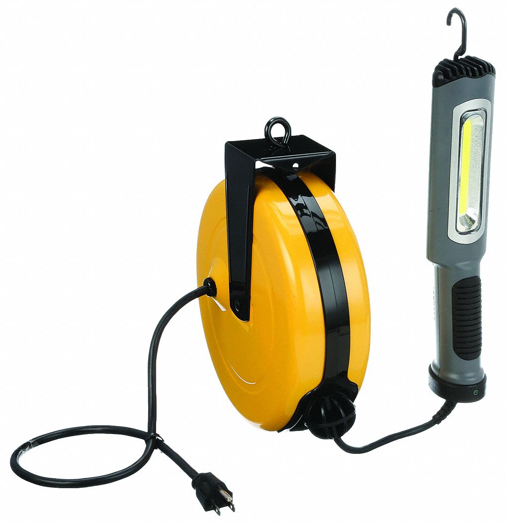 EXTENSION CORD REEL, HAND LAMP, 30 FT RETRACTABLE CORD, 18 AWG WIRE SIZE, 13 W LAMP