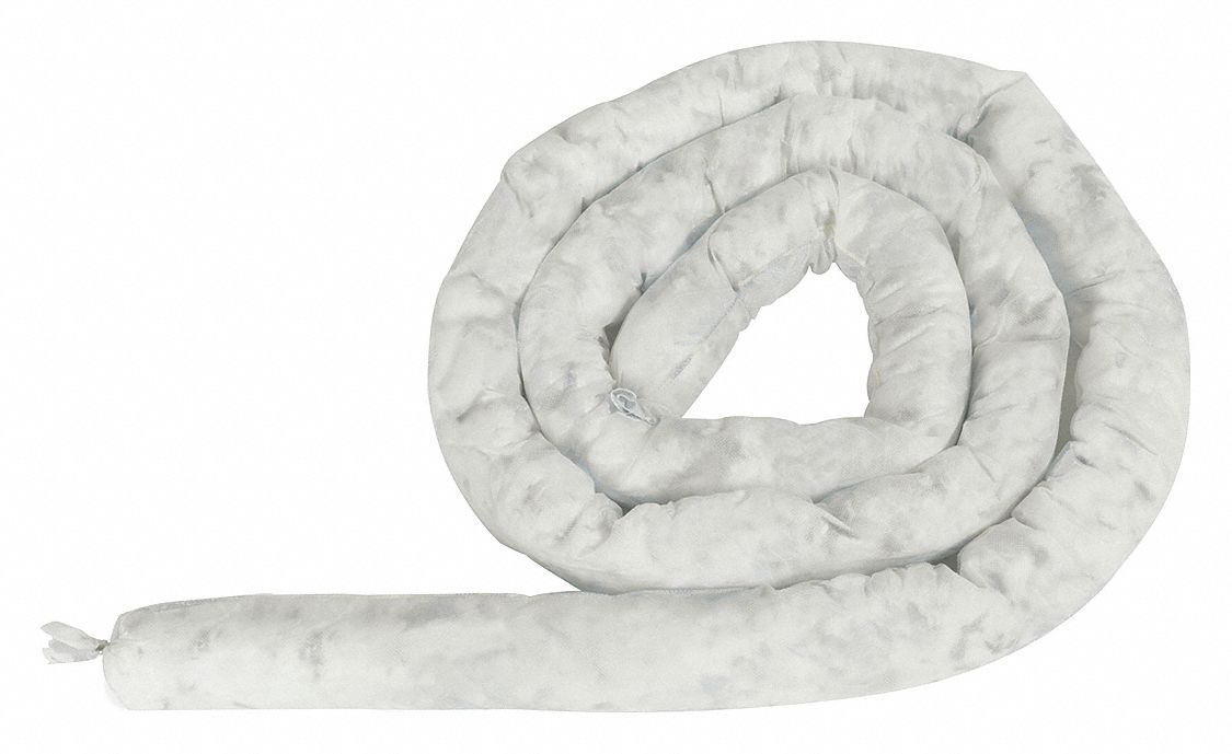 Sorbent Sock: 1 1/2 in Dia, 24 in Lg, 28 gal Volume Absorbed per Pkg., White, 1.4 gal, 20 PK