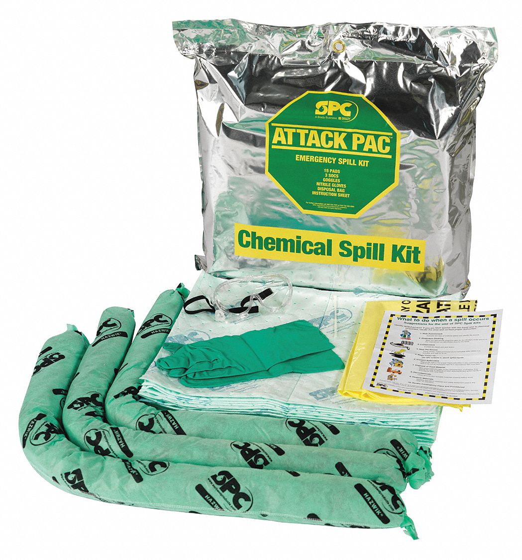 SPILL KIT, 7 GALLON ABSORBED PER KIT, GOGGLES/NITRILE GLOVES, SILVER, 4 PK