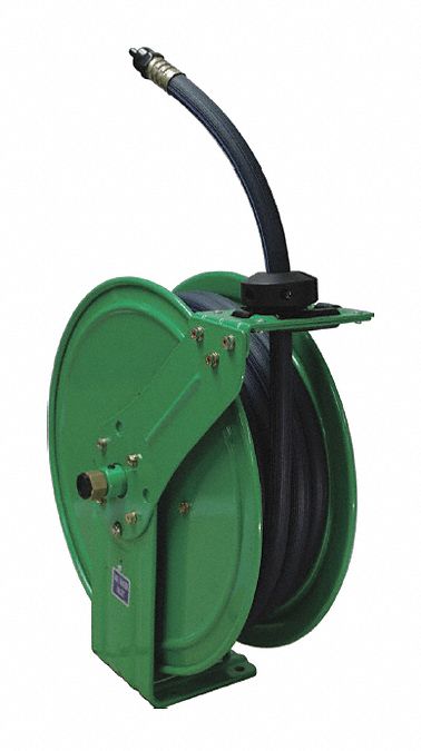 Spring Return Hose Reel: 25 ft (1/4 in I.D.), 1/4 in MNPT, 300 psi Max Op Pressure, Brass, Green