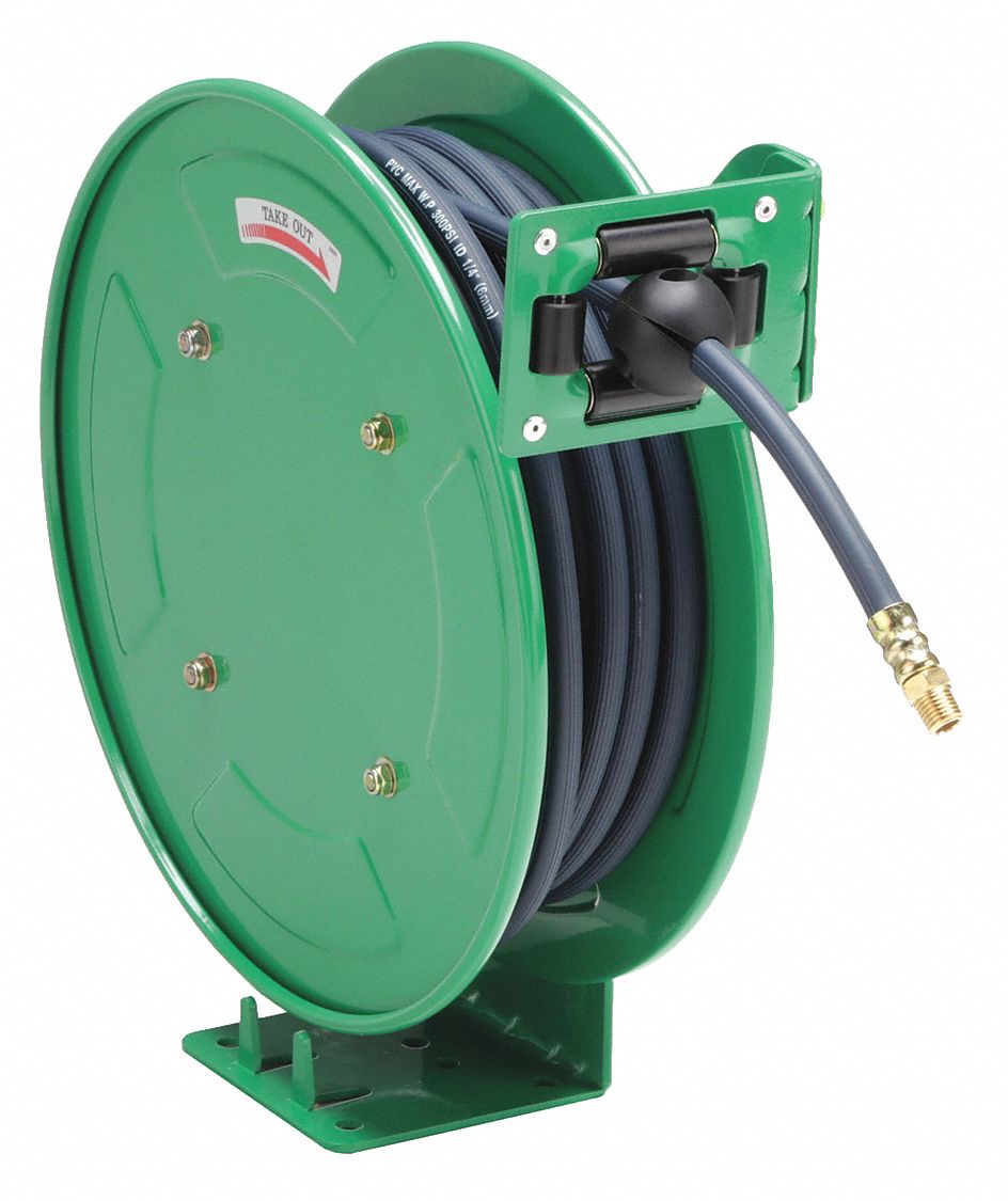 Spring Return Hose Reel: 50 ft (1/4 in I.D.), 1/4 in MNPT, 300 psi Max Op Pressure, Brass, Green