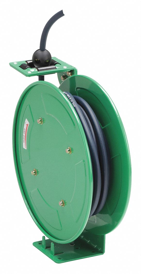 Spring Return Hose Reel: 25 ft (1/4 in I.D.), 1/4 in MNPT, 300 psi Max Op Pressure, Brass, Green
