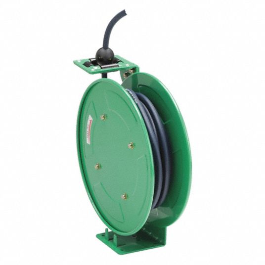 Spring Return Hose Reel: 25 ft (1/4 in I.D.), 1/4 in MNPT, 300 psi Max Op  Pressure, Brass, Green