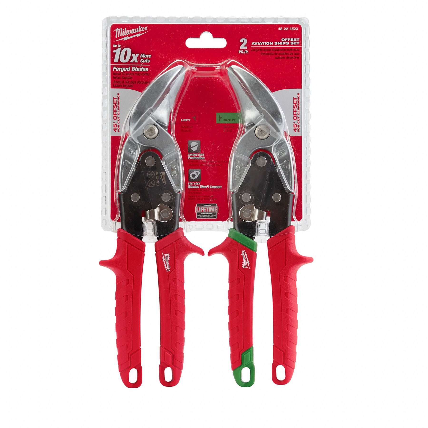 Aviation Snip Set: Left/Right, 10 in Overall Lg, 1 1/4 in Cutting Lg, Steel, Plastic