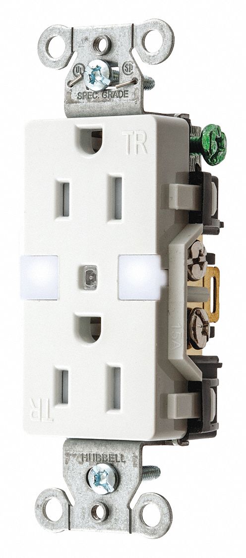 Receptacle: Decorator Duplex, White, 5-15R, 15 A, 125V AC, 2 Pole / 3 Wire, Screw Terminals
