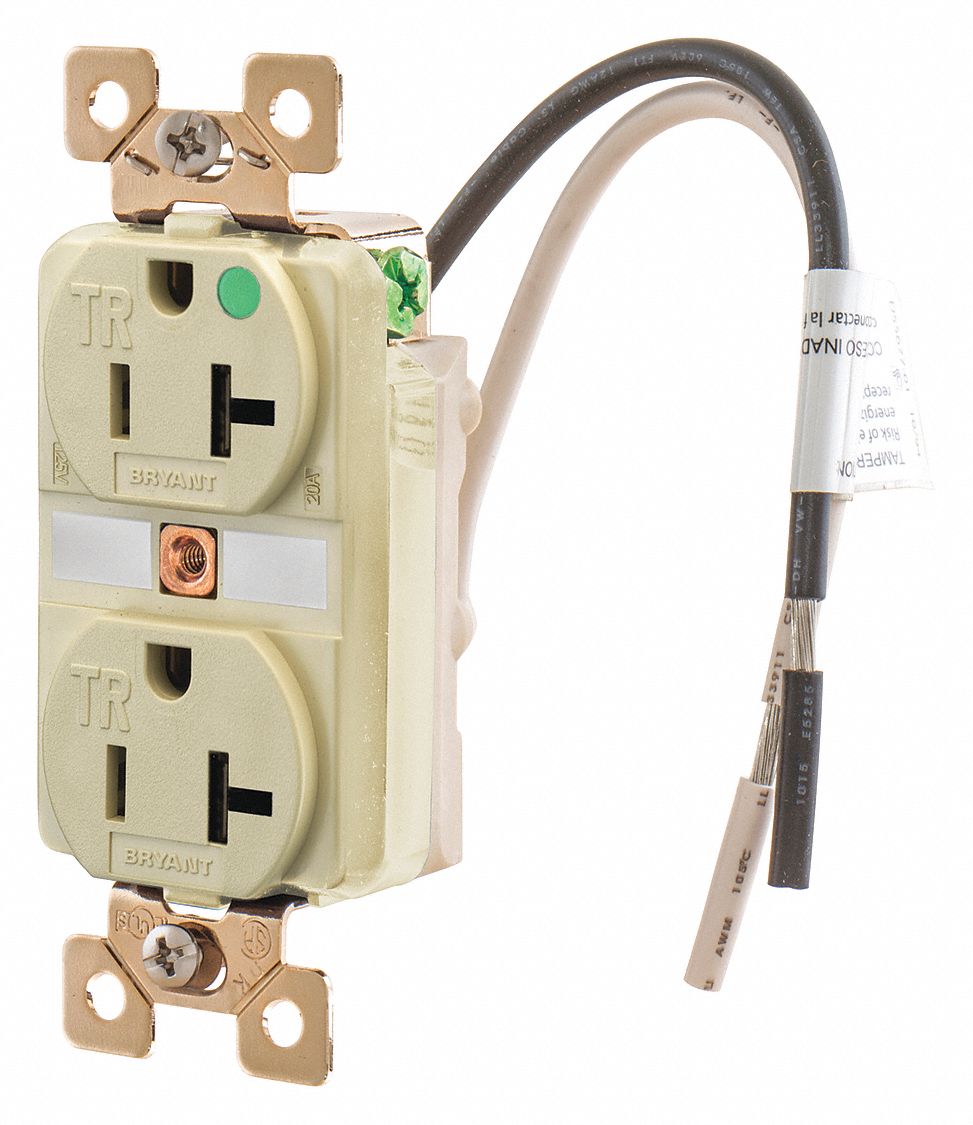 RECEPTACLE, DUPLEX, 5-20R, 20 A, 125V AC, IVORY, 2 POLE/3 WIRE POLES AND WIRES