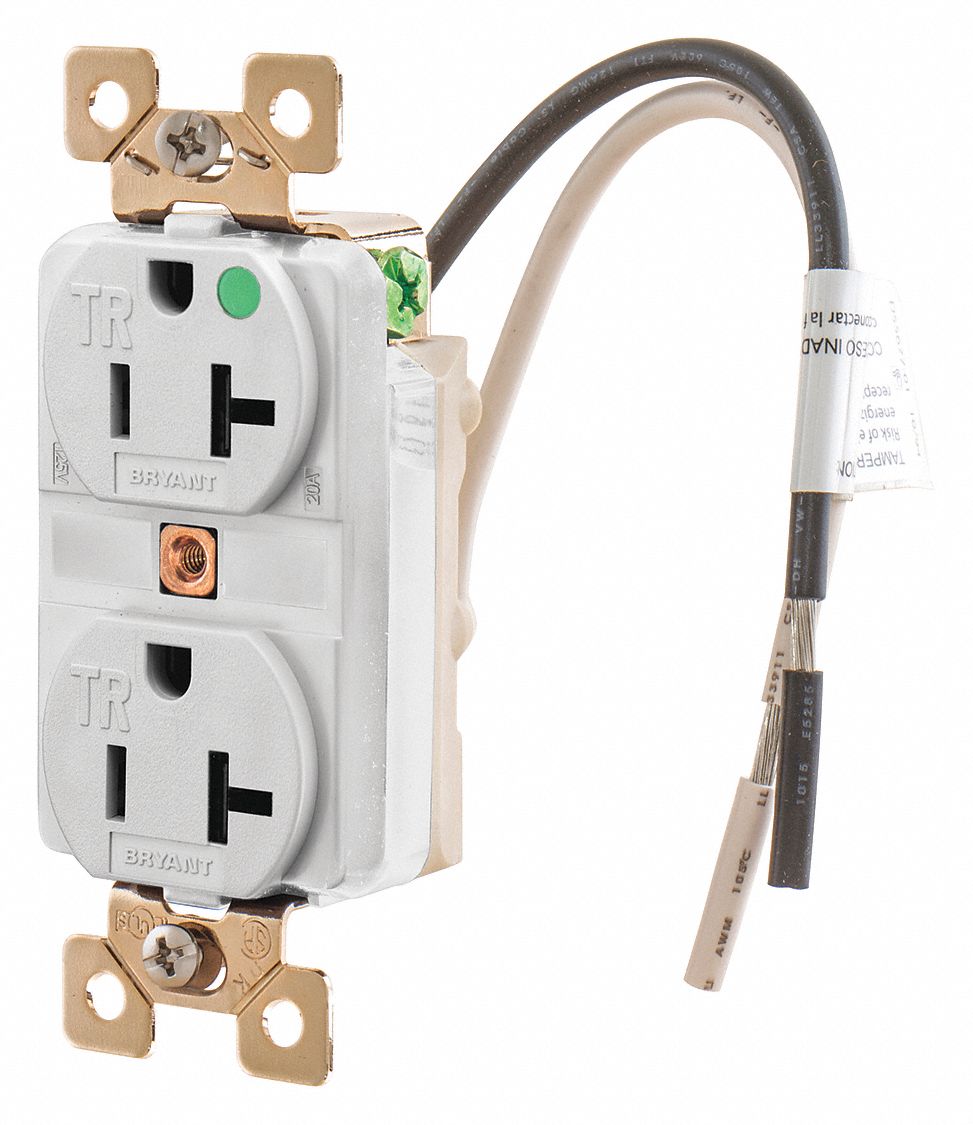 RECEPTACLE, DUPLEX, 5-20R, 20 A, 125V AC, WHITE, 2 POLE/3 WIRE POLES AND WIRES