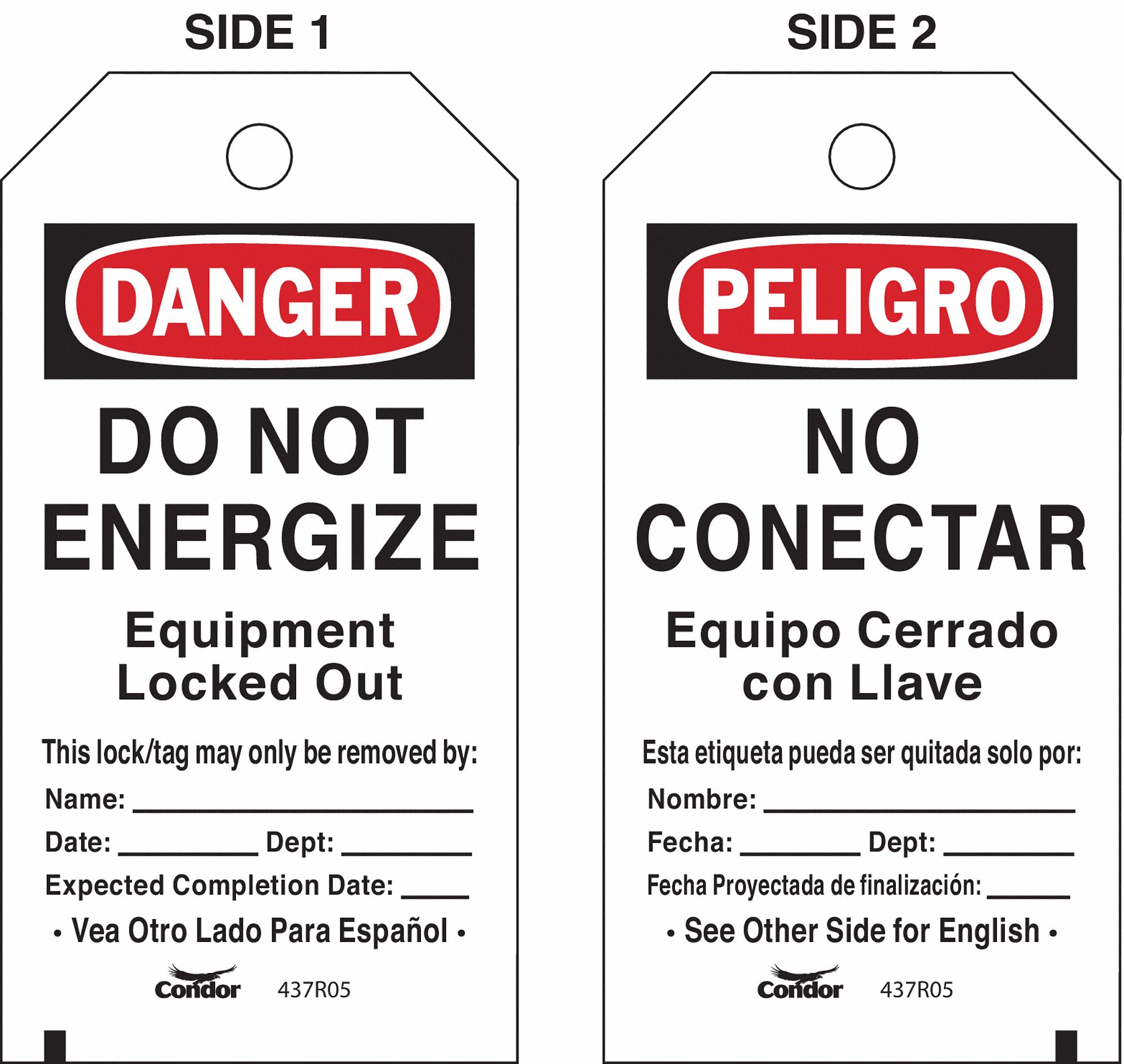 Lockout Tag: Peligro/Danger, Locked Out Device, Polyester, Write-On Surface, English, Tag