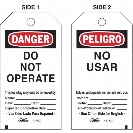 CONDOR Lockout Tag: Danger/Peligro, Do Not Operate, White Background ...