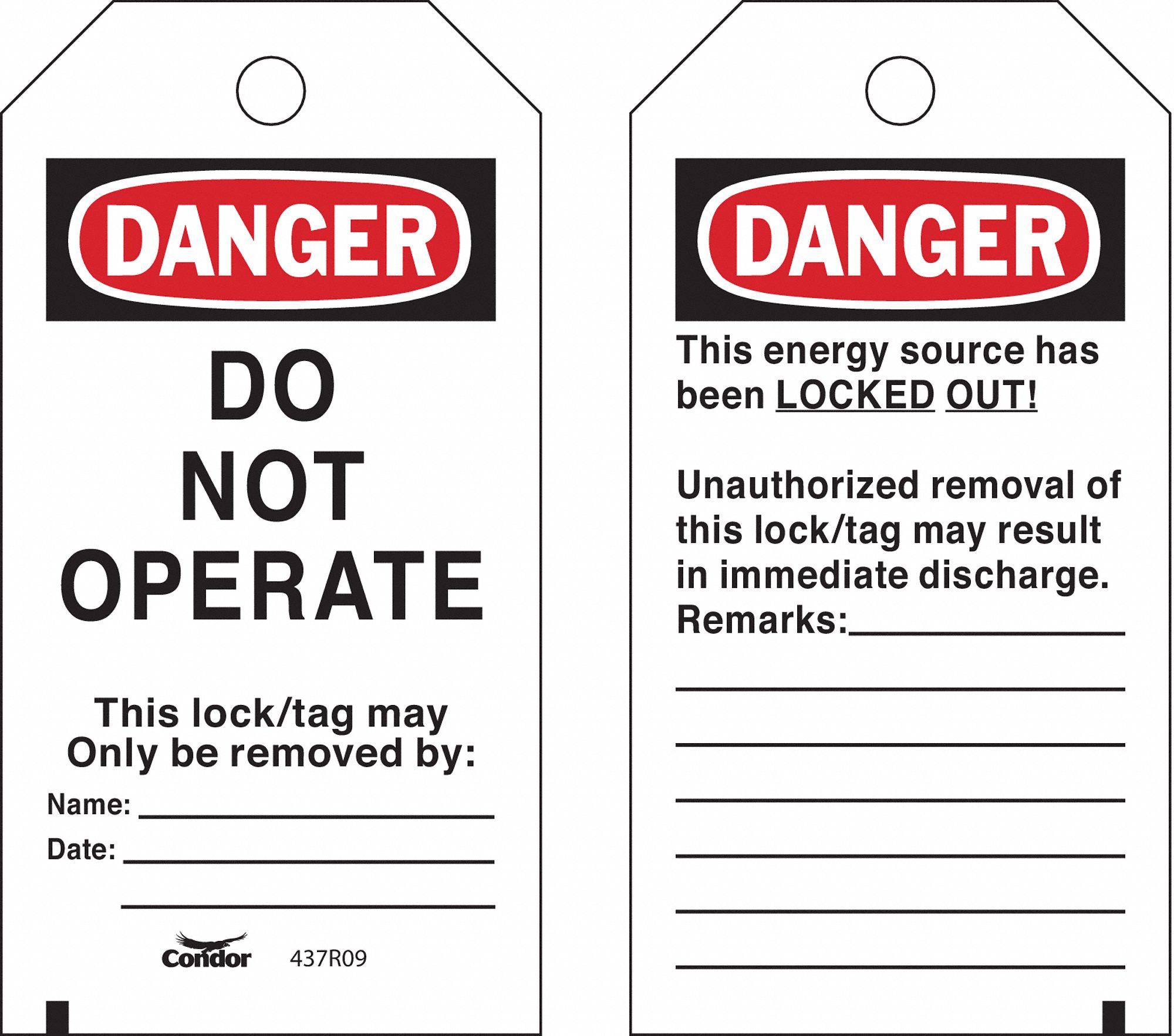 Lockout Tag: Danger, Danger Do Not Operate, Polyester, Remarks, Write-On Surface, English