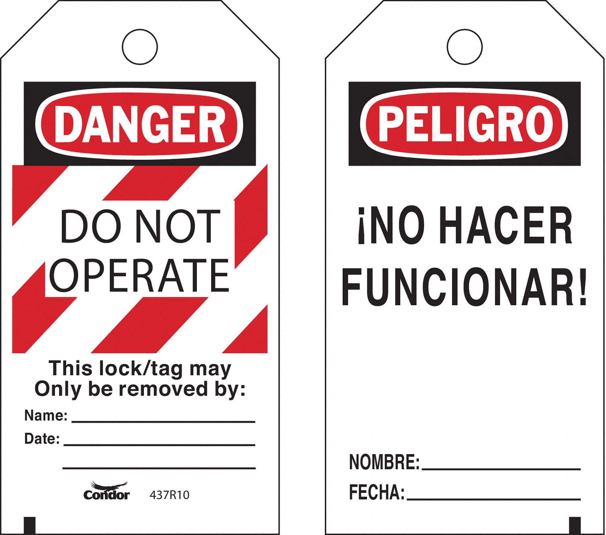 Lockout Tag: Danger, Danger Do Not Operate, Polyester, Date/Fecha/Name/Nombre, English, Tag