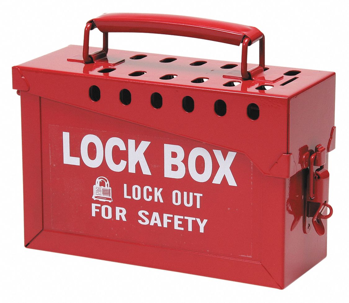 GROUP LOCKOUT BOX, STEEL, RED, 6 X 9 X 3½ IN, PORTABLE, HINGED, 13 PADLOCKS