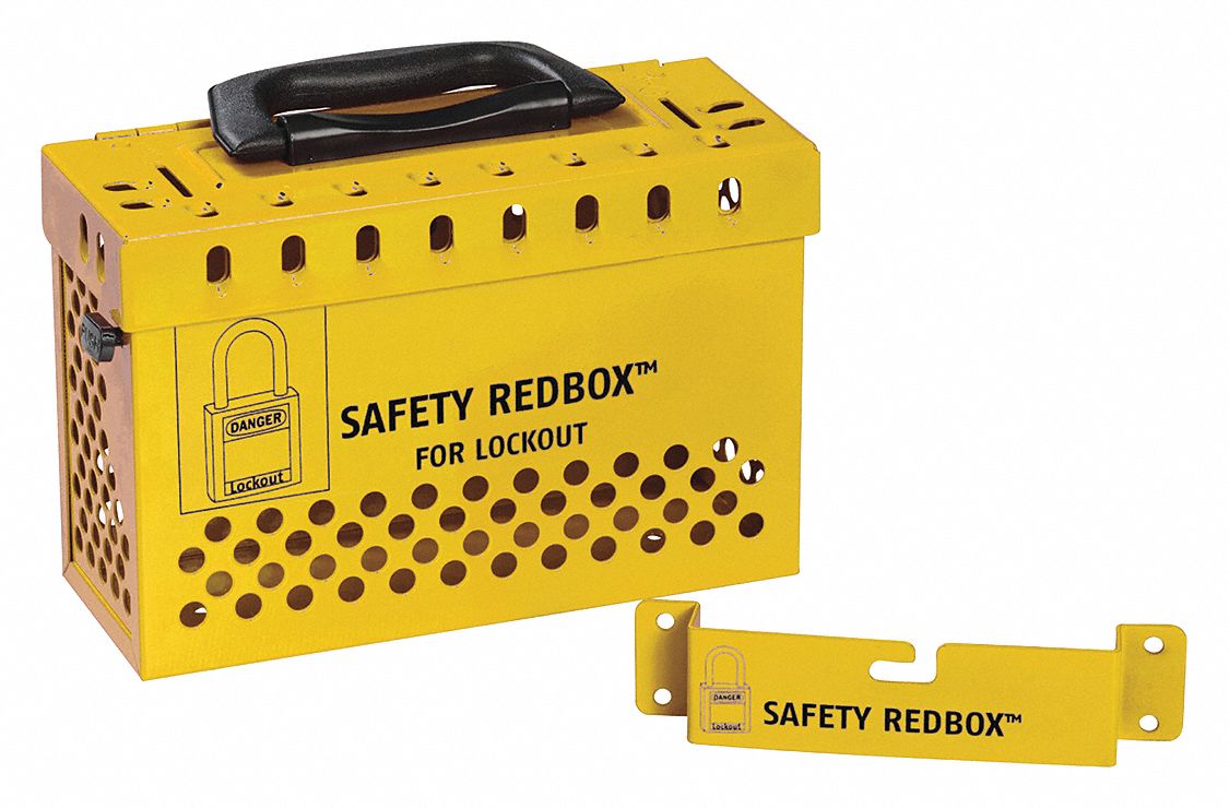 Group Lockout Box: Steel, Yellow, 6.11 in x 9.31 in 3.61 in, Portable, Hinged, 12 Padlocks