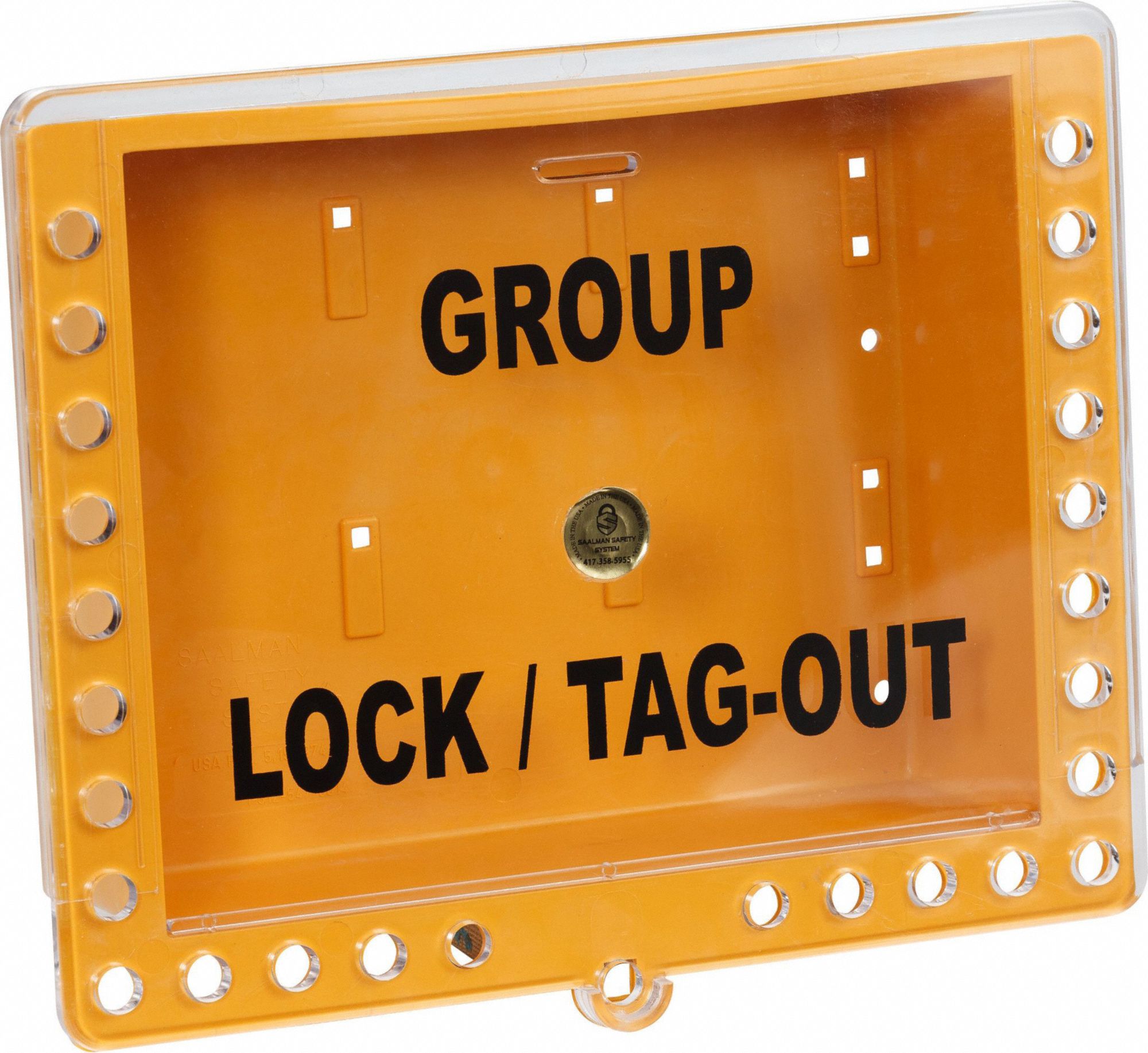 GROUP LOCKOUT BOX, PLASTIC, YELLOW, 10½ X 12.75 X 3.25 IN, WALL, SLIDING, 27 PADLOCKS