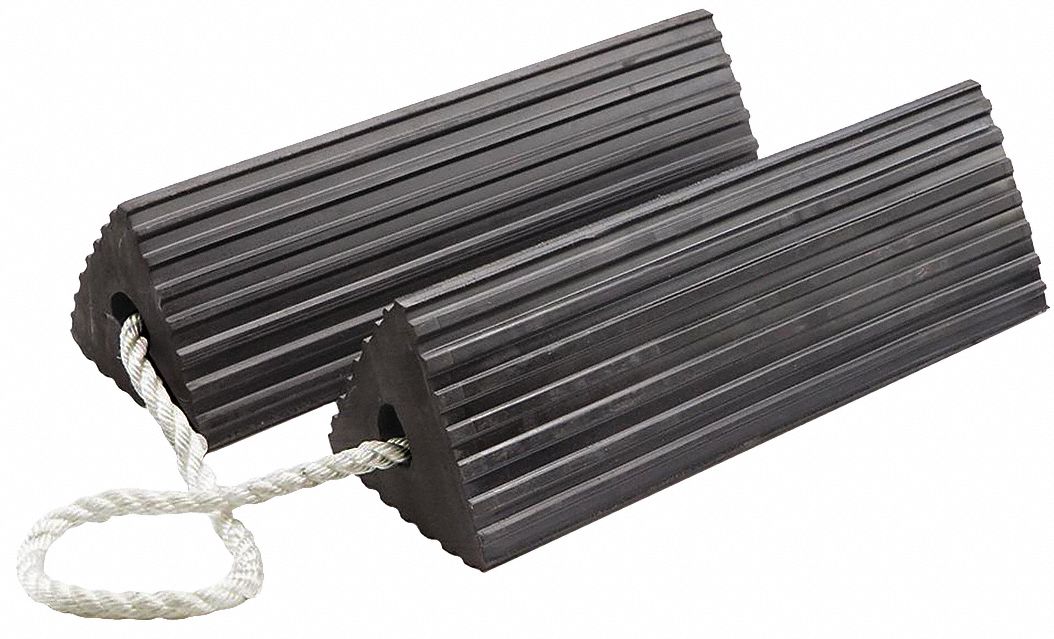 WHEEL CHOCK, RUBBER, 11½ IN OVERALL L, 11 IN OVERALL W, 5¼ IN OVERALL H, 2 CHOCKS, 1 PR