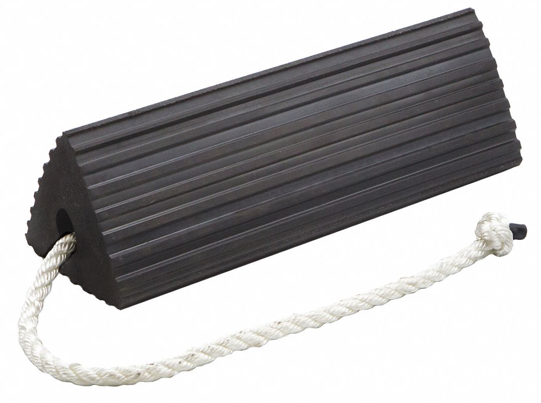Wheel Chock: Rubber, 14 1/2 in Overall Lg, 5 1/4 in Overall Wd, 5 1/4 in Overall Ht, 1 Chocks, Black