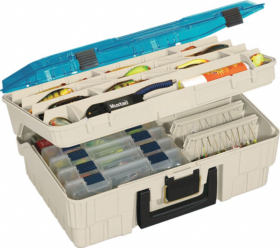 COMPARTMENT BOX, 17⅝ IN X 12 IN X 7⅜ IN, BEIGE/BLUE, 0 COMPARTMENTS, BRASS BAIL