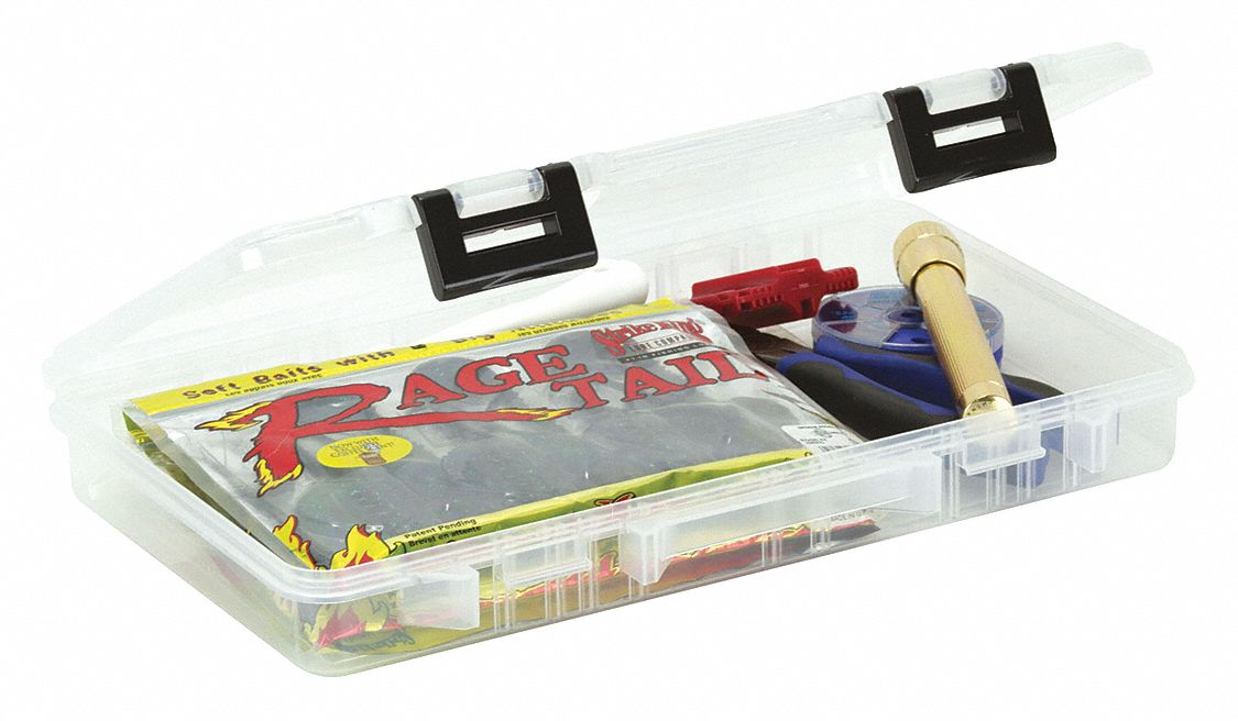 STORAGE BOX, 14 IN X 8⅞ IN X 1⅞ IN, CLEAR, 1 COMPARTMENT, LATCH