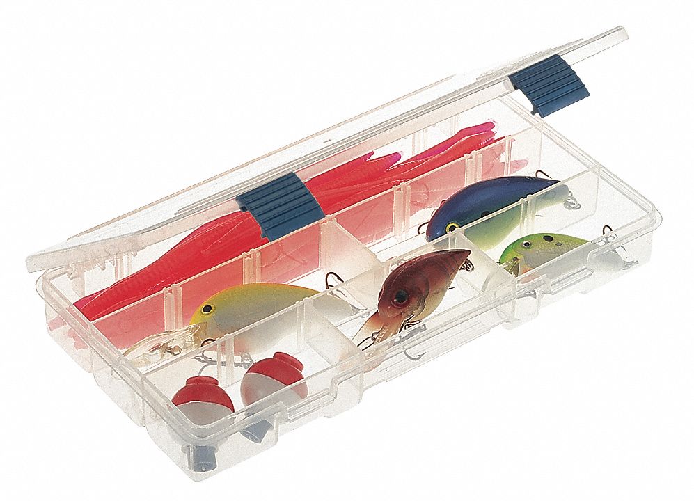 COMPARTMENT BOX, 9⅛ IN X 5 IN X 1¼ IN, CLEAR, 9 COMPARTMENTS, 4 ADJUSTABLE DIVIDERS