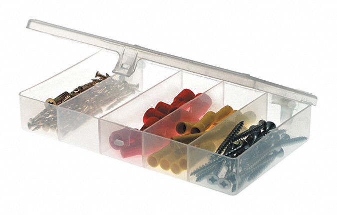 COMPARTMENT BOX, 6½ IN X 3¾ IN X 1⅛ IN, CLEAR, 5 COMPARTMENTS, 0 ADJUSTABLE DIVIDERS