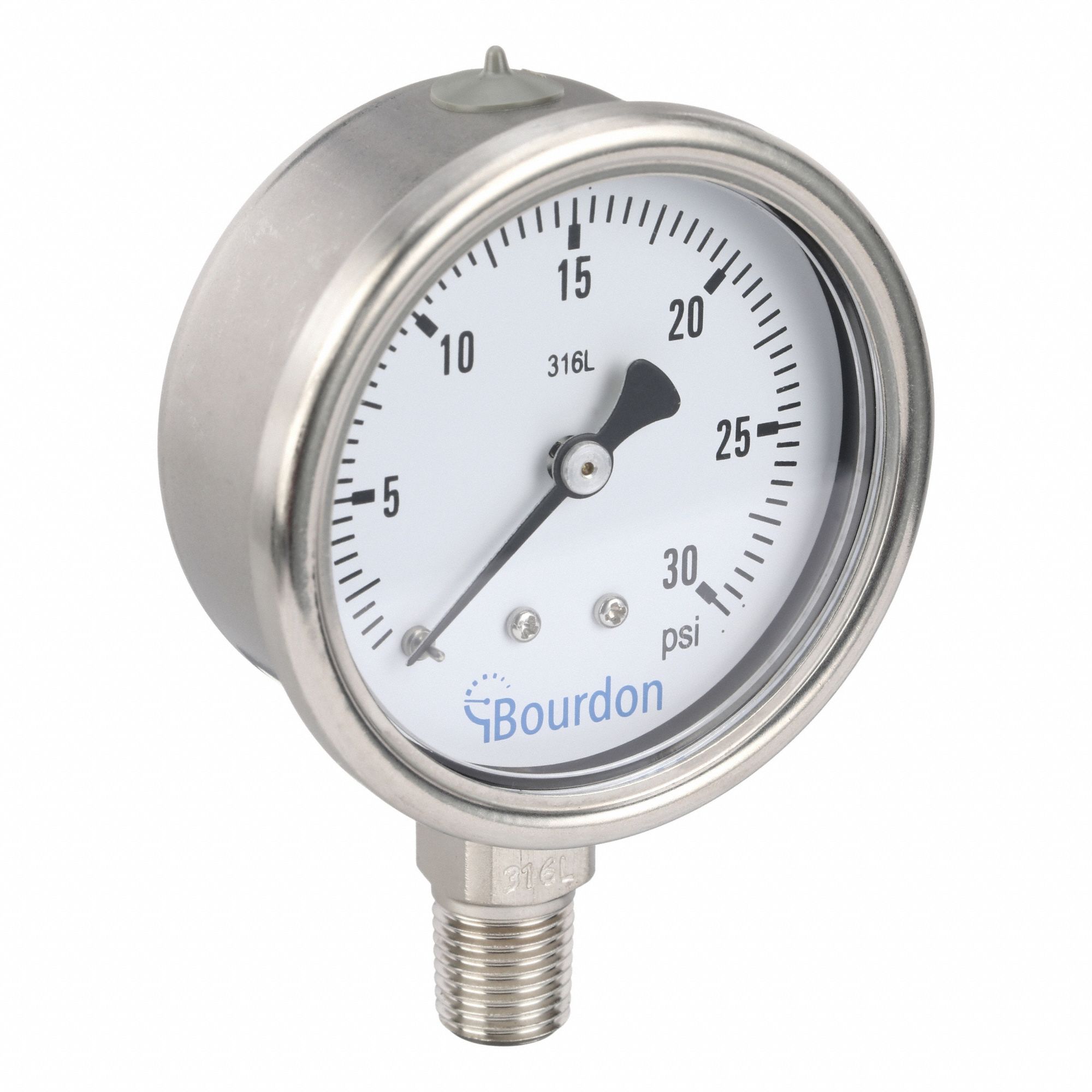Industrial Pressure Gauge: 0 psi / Hg to 30 psi, 2 1/2 in Dial, 1/4 in NPT Male, Bottom