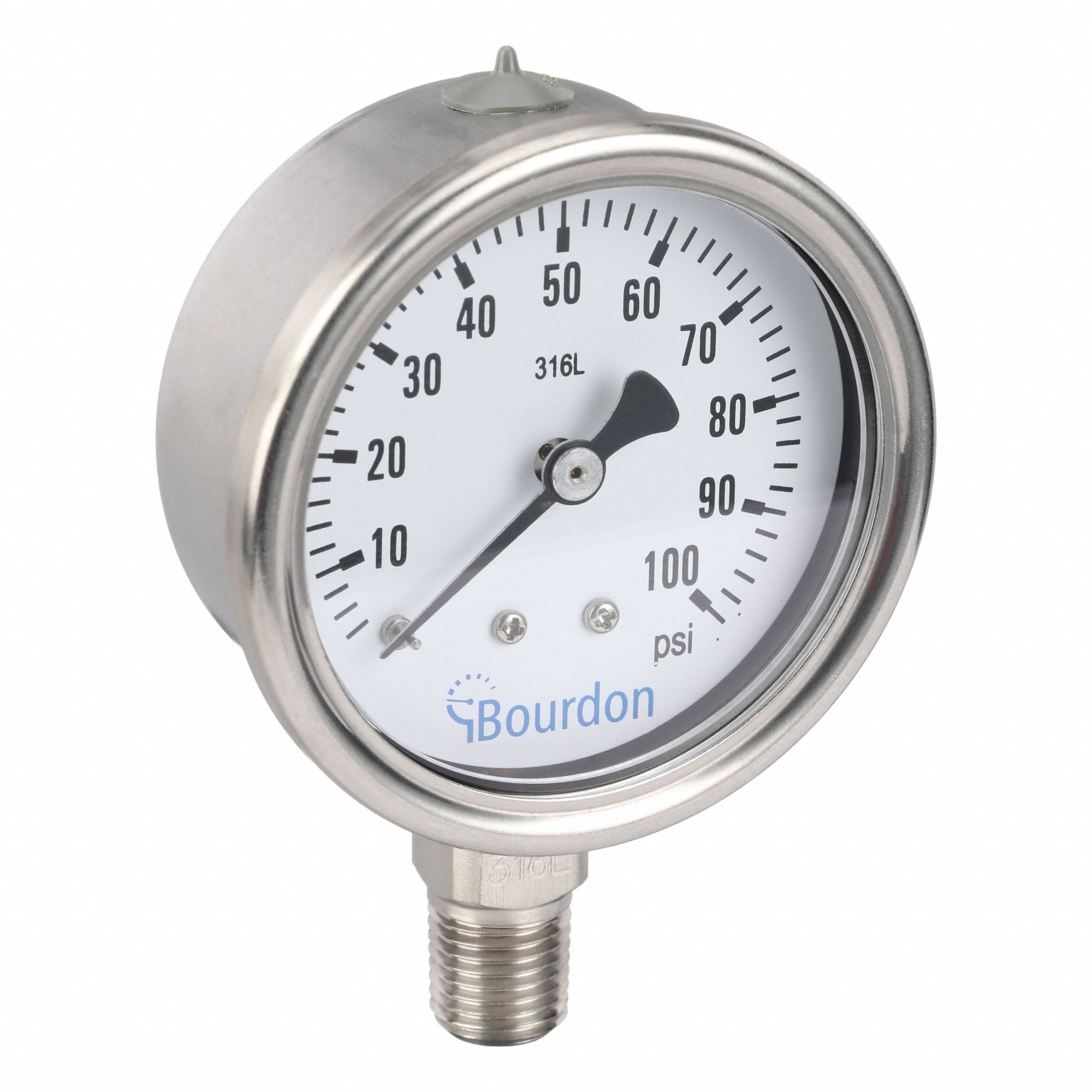 Industrial Pressure Gauge: 0 psi / Hg to 100 psi, 2 1/2 in Dial, 1/4 in NPT Male, Bottom