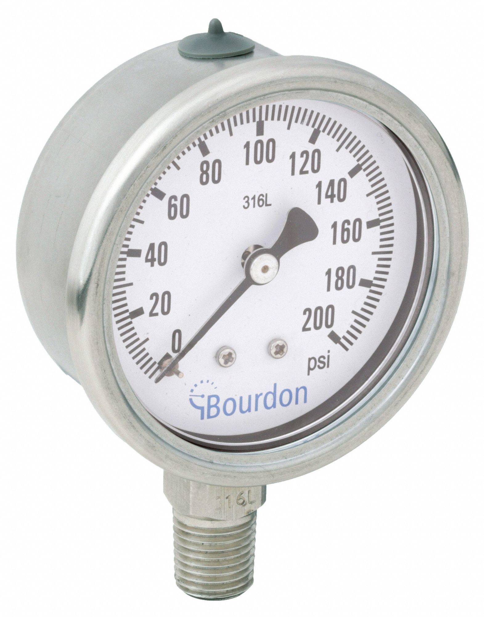 Industrial Pressure Gauge: 0 psi / Hg to 200 psi, 2 1/2 in Dial, 1/4 in NPT Male, Bottom