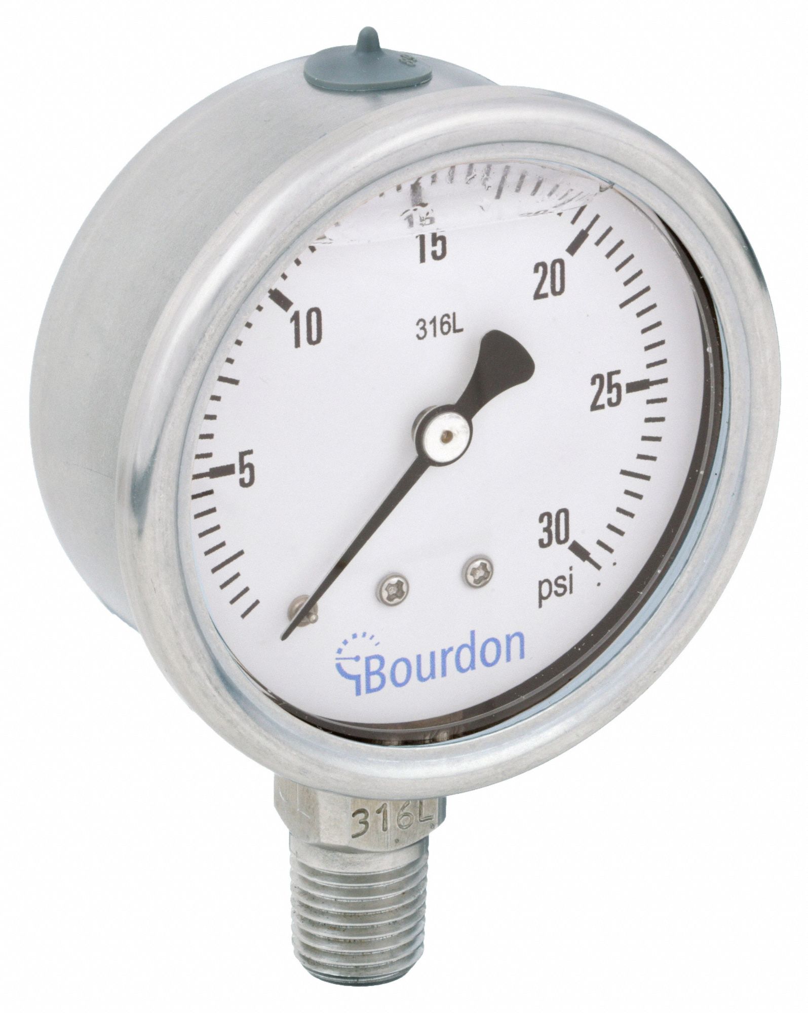 BOURDON, 0 to 30 psi, 2 1/2 in Dial, Industrial Pressure Gauge 437U57