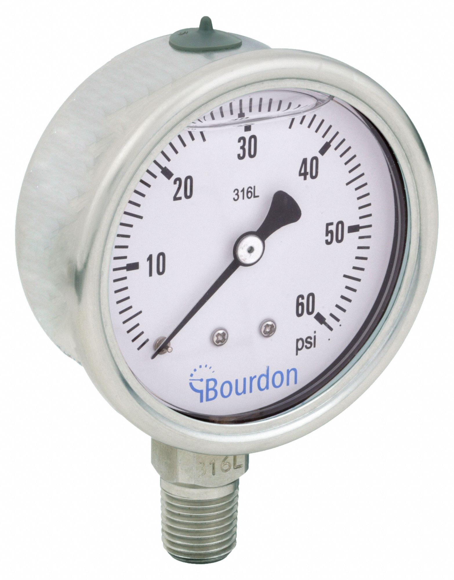 Industrial Pressure Gauge: 0 psi / Hg to 60 psi, 2 1/2 in Dial, 1/4 in NPT Male, Bottom