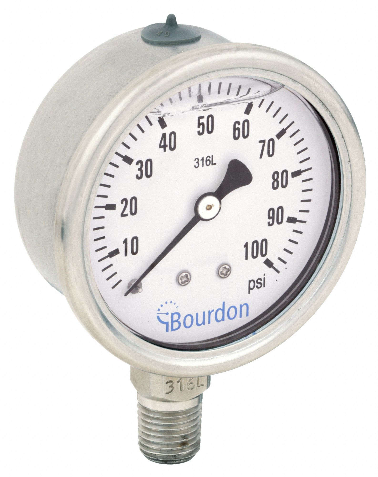 Industrial Pressure Gauge: 0 psi / Hg to 100 psi, 2 1/2 in Dial, 1/4 in NPT Male, Bottom