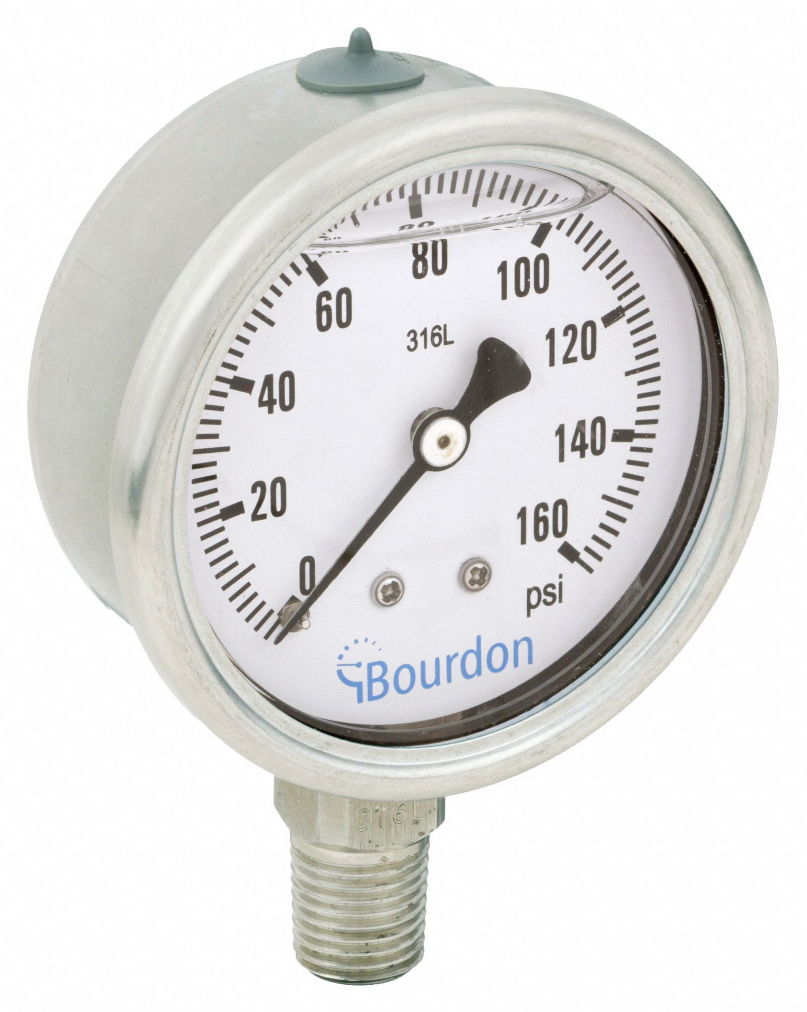 Industrial Pressure Gauge: 0 psi / Hg to 160 psi, 2 1/2 in Dial, 1/4 in NPT Male, Bottom