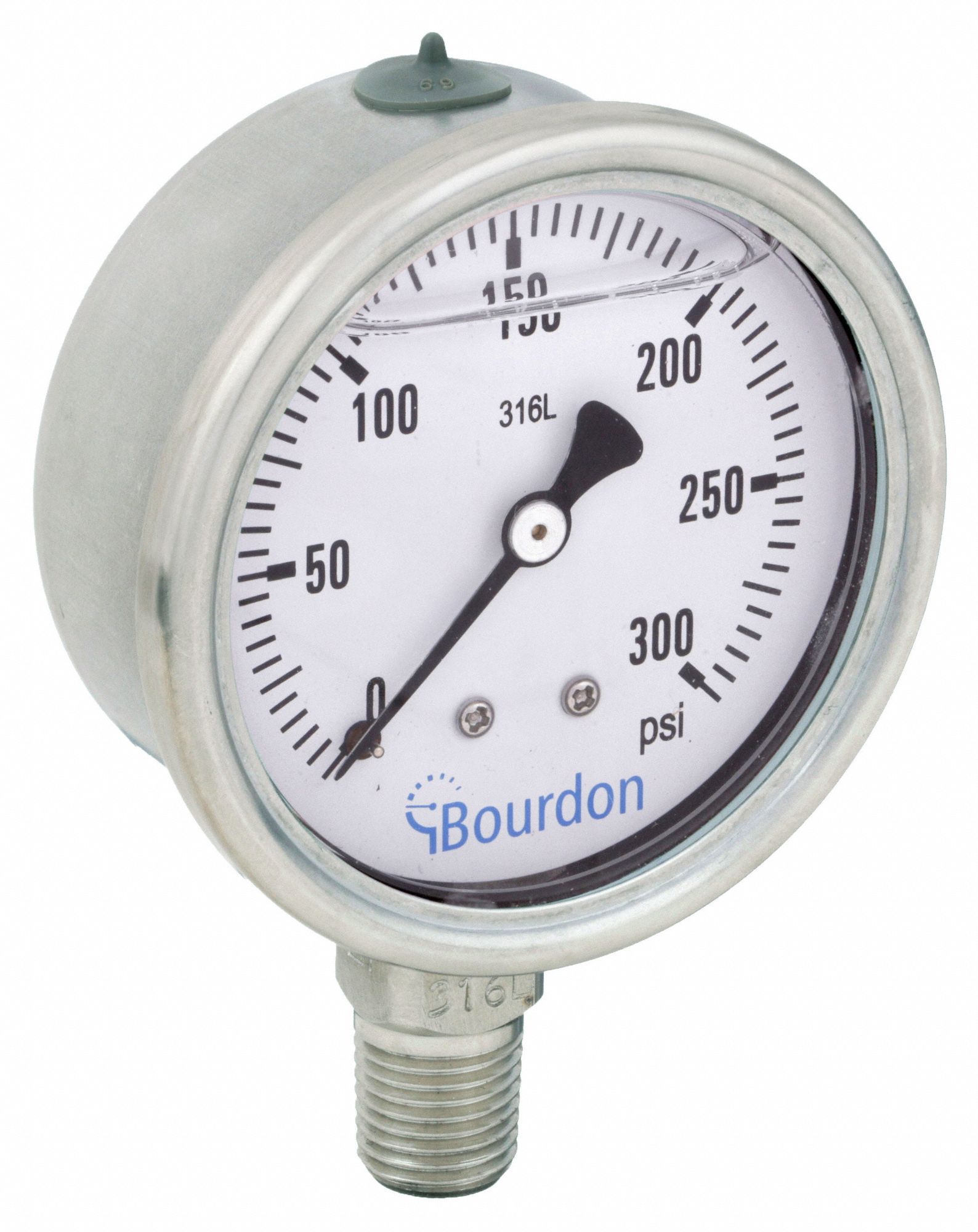 Industrial Pressure Gauge: 0 psi / Hg to 300 psi, 2 1/2 in Dial, 1/4 in NPT Male, Bottom