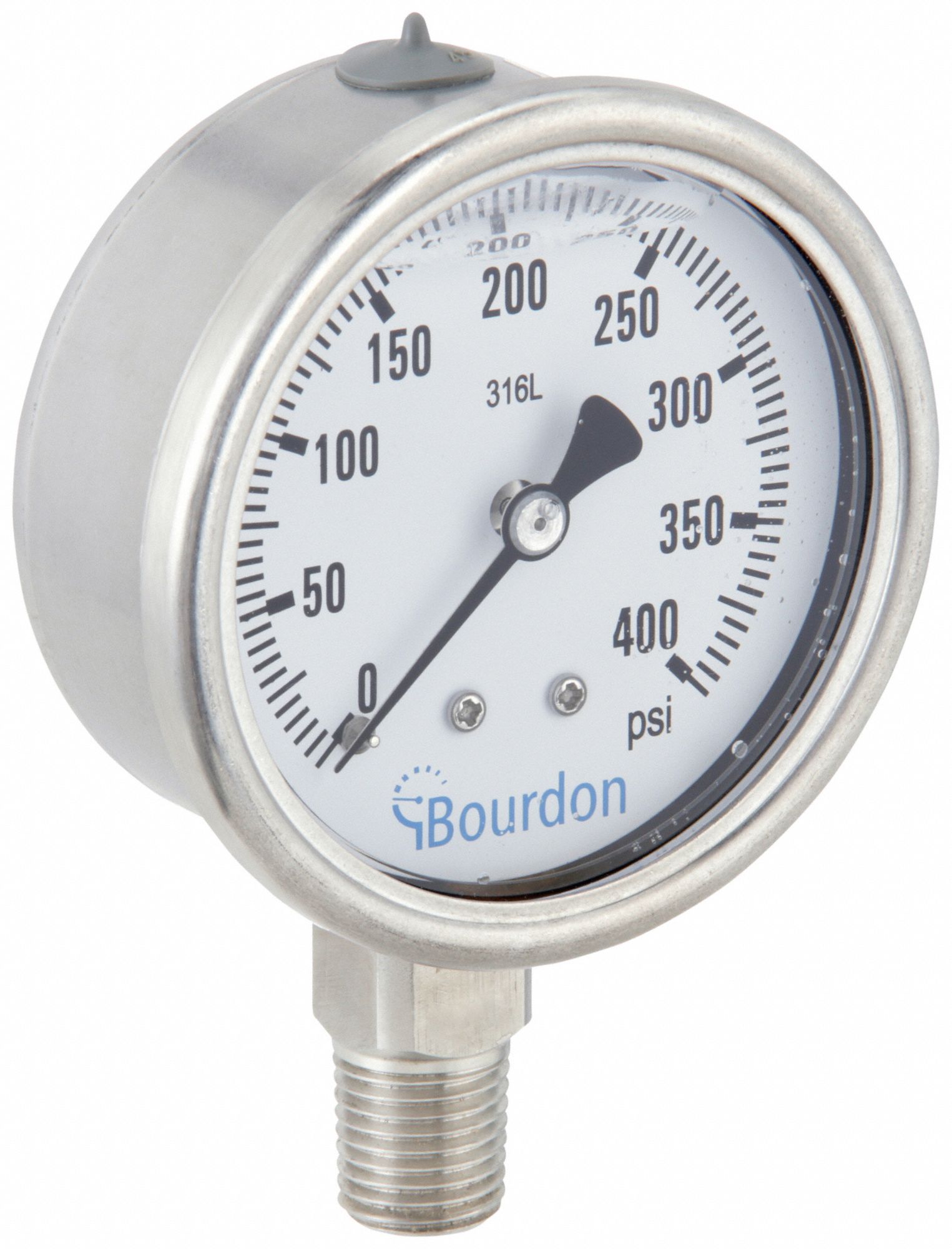 Industrial Pressure Gauge: 0 psi / Hg to 400 psi, 2 1/2 in Dial, 1/4 in NPT Male, Bottom