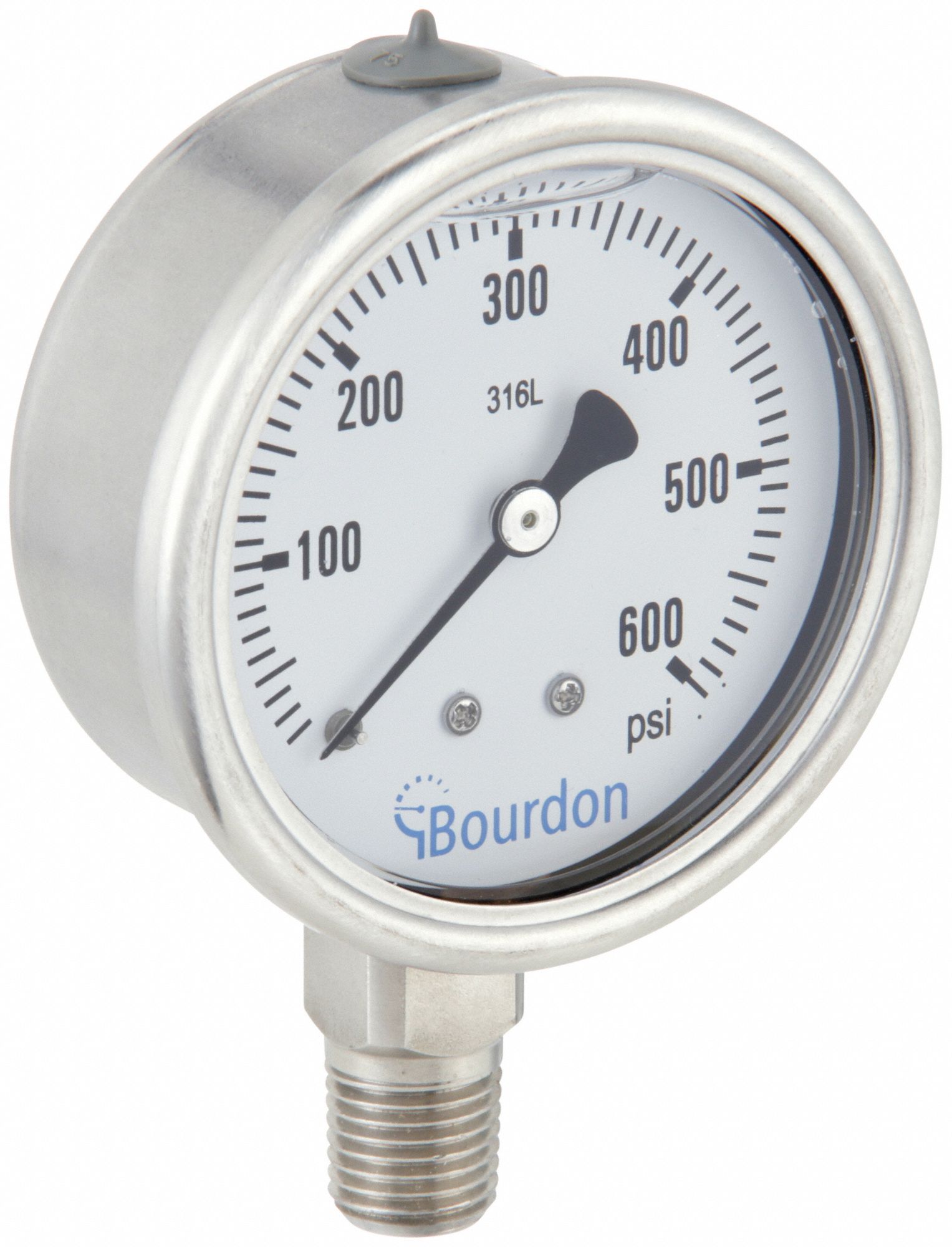 Industrial Pressure Gauge: 0 psi / Hg to 600 psi, 2 1/2 in Dial, 1/4 in NPT Male, Bottom