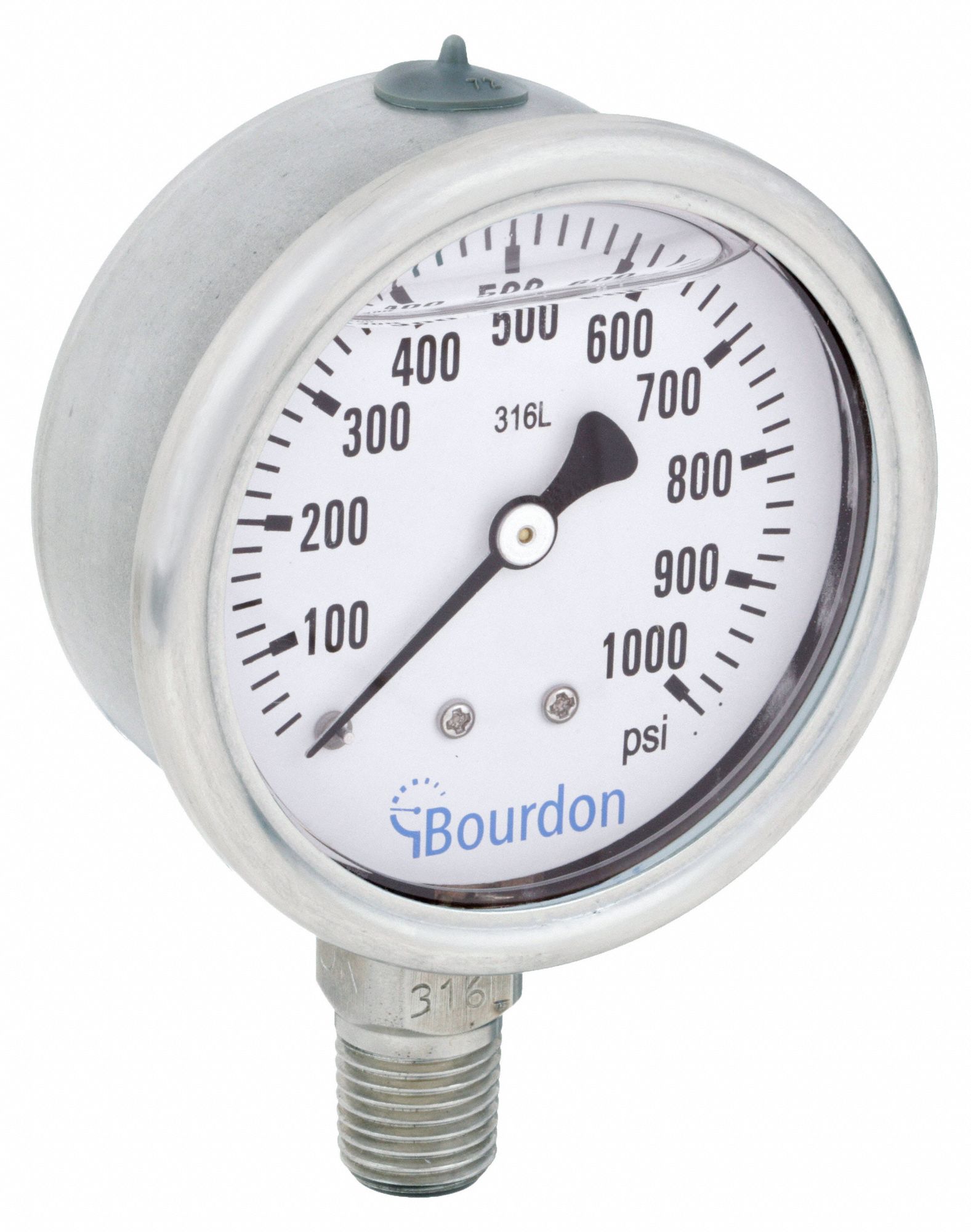 BOURDON, 0 to 1,000 psi, 2 1/2 in Dial, Industrial Pressure Gauge ...