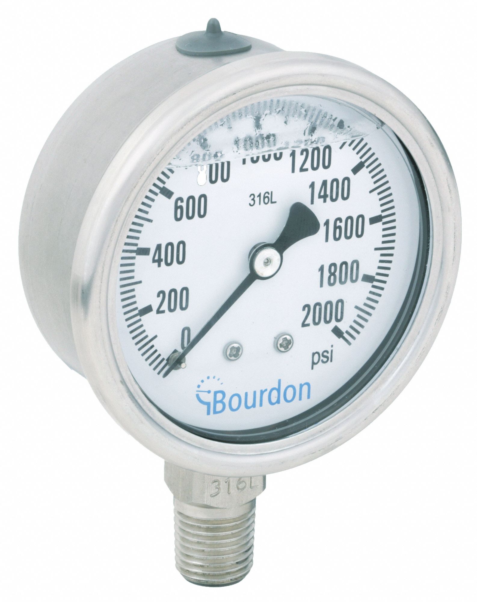 Industrial Pressure Gauge: 0 psi / Hg to 2, 000 psi, 2 1/2 in Dial, 1/4 in NPT Male, Bottom