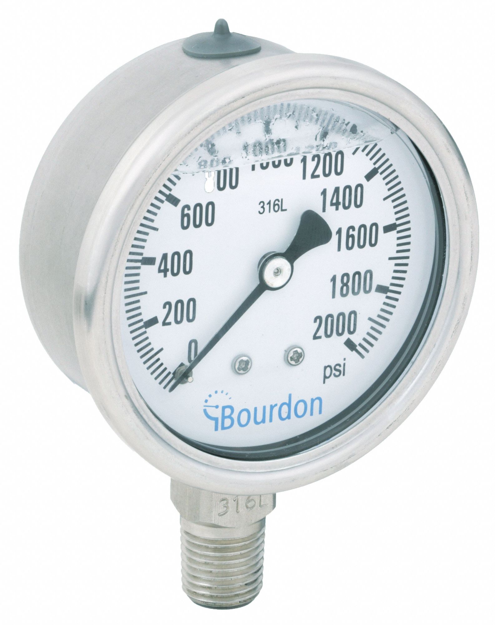 BOURDON, 0 to 2,000 psi, 2 1/2 in Dial, Industrial Pressure Gauge ...