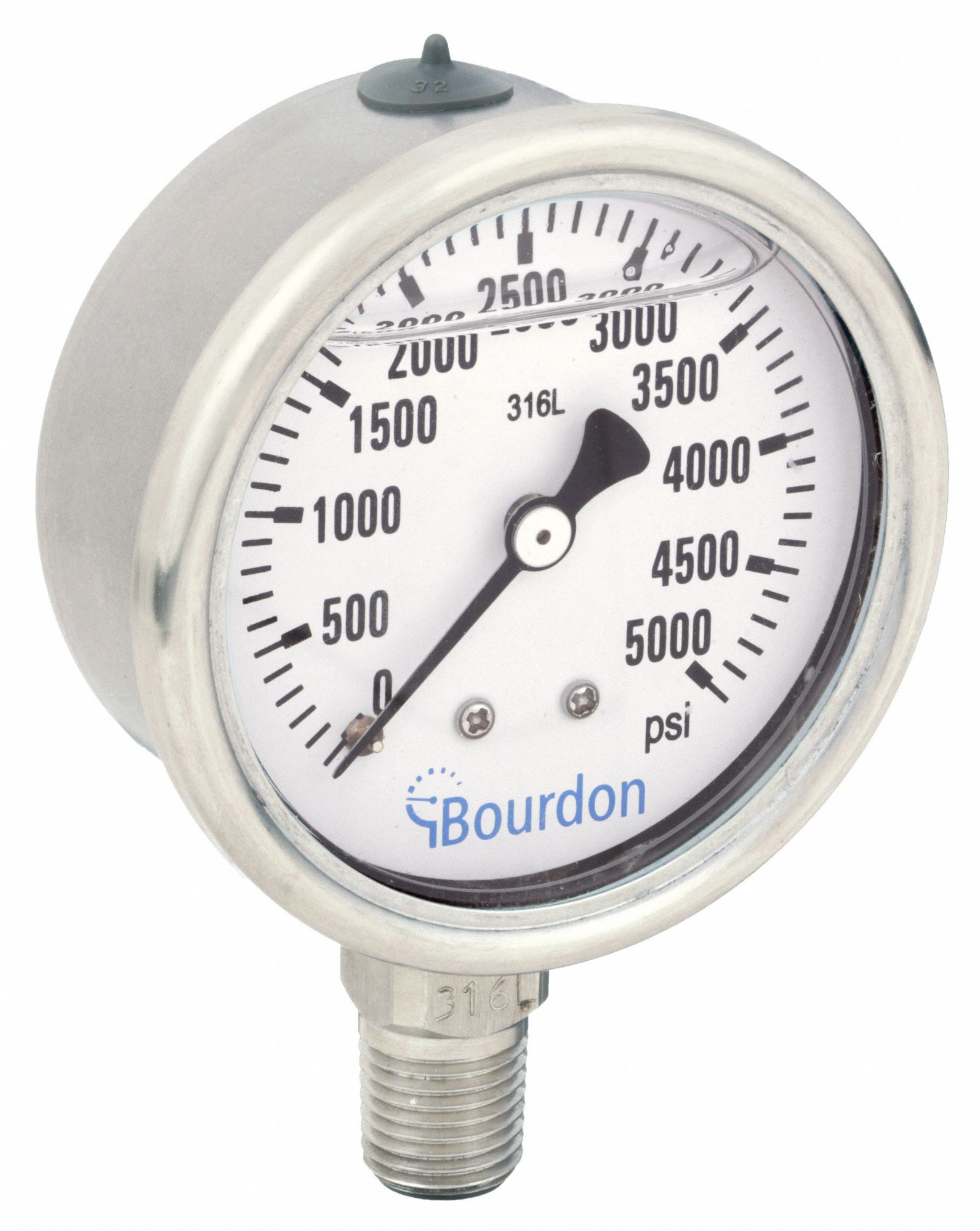 Industrial Pressure Gauge: 0 psi / Hg to 5, 000 psi, 2 1/2 in Dial, 1/4 in NPT Male, Bottom