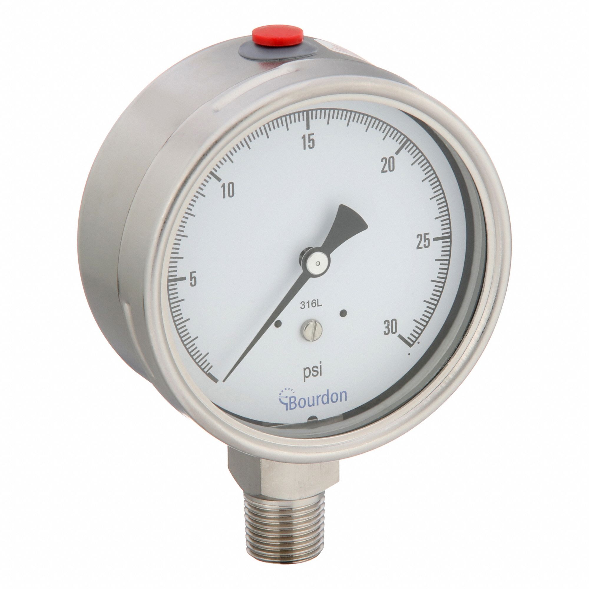 Industrial Pressure Gauge: 0 psi / Hg to 30 psi, 4 in Dial, 1/2 in NPT Male, Bottom, MEX5