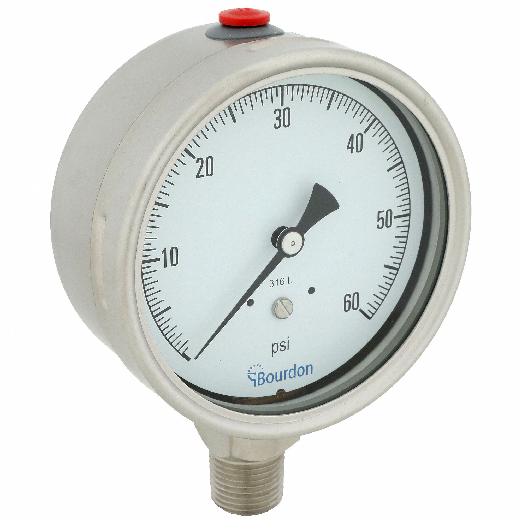 Industrial Pressure Gauge: 0 psi / Hg to 60 psi, 4 in Dial, 1/2 in NPT Male, Bottom, MEX5