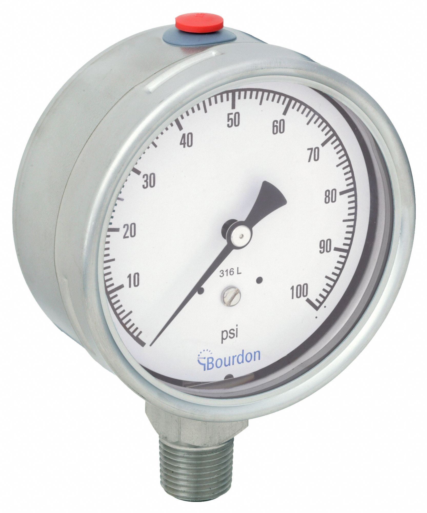 Industrial Pressure Gauge: 0 psi / Hg to 100 psi, 4 in Dial, 1/2 in NPT Male, Bottom, MEX5
