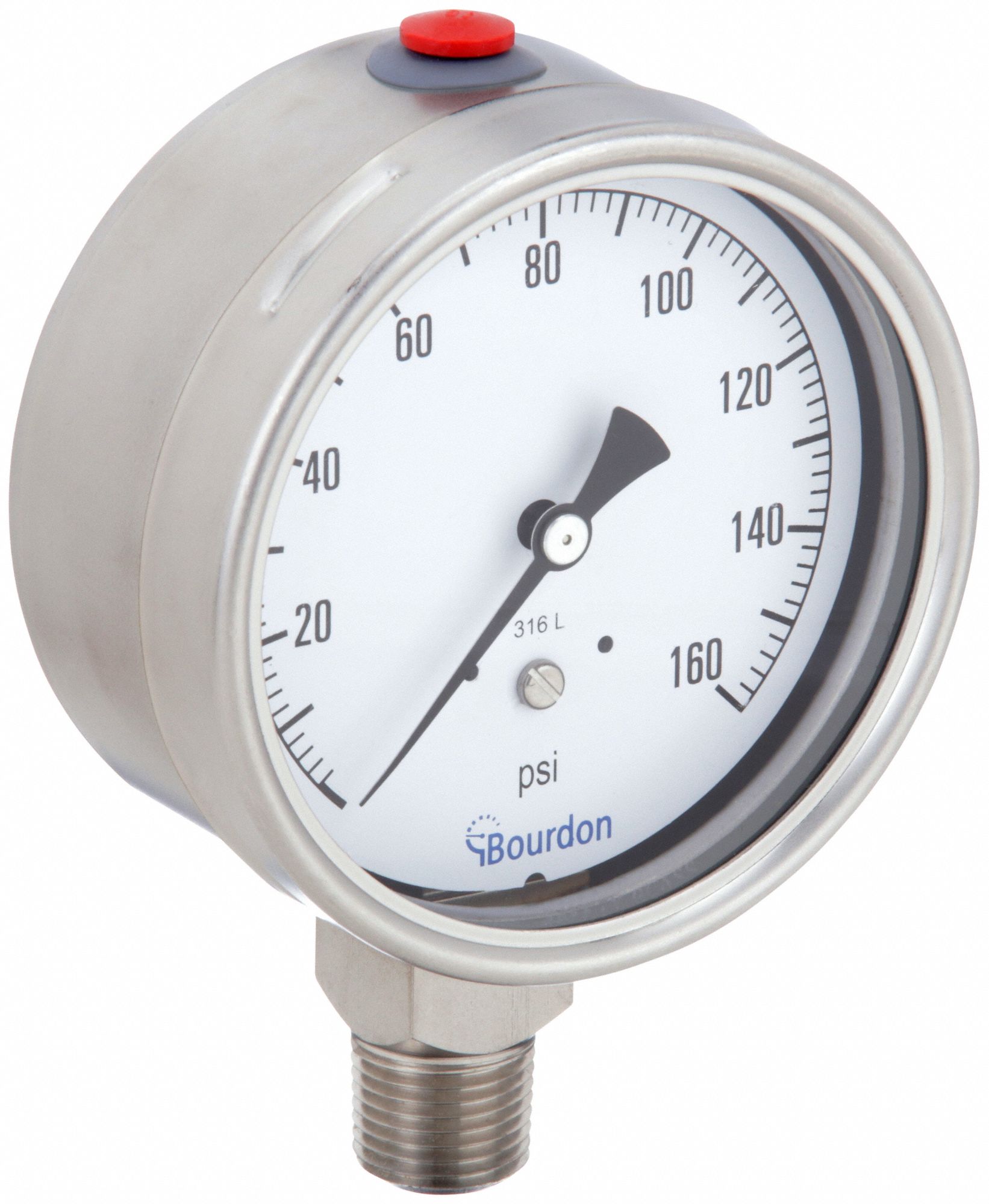 BOURDON, 0 to 160 psi, 4 in Dial, Industrial Pressure Gauge 437U72