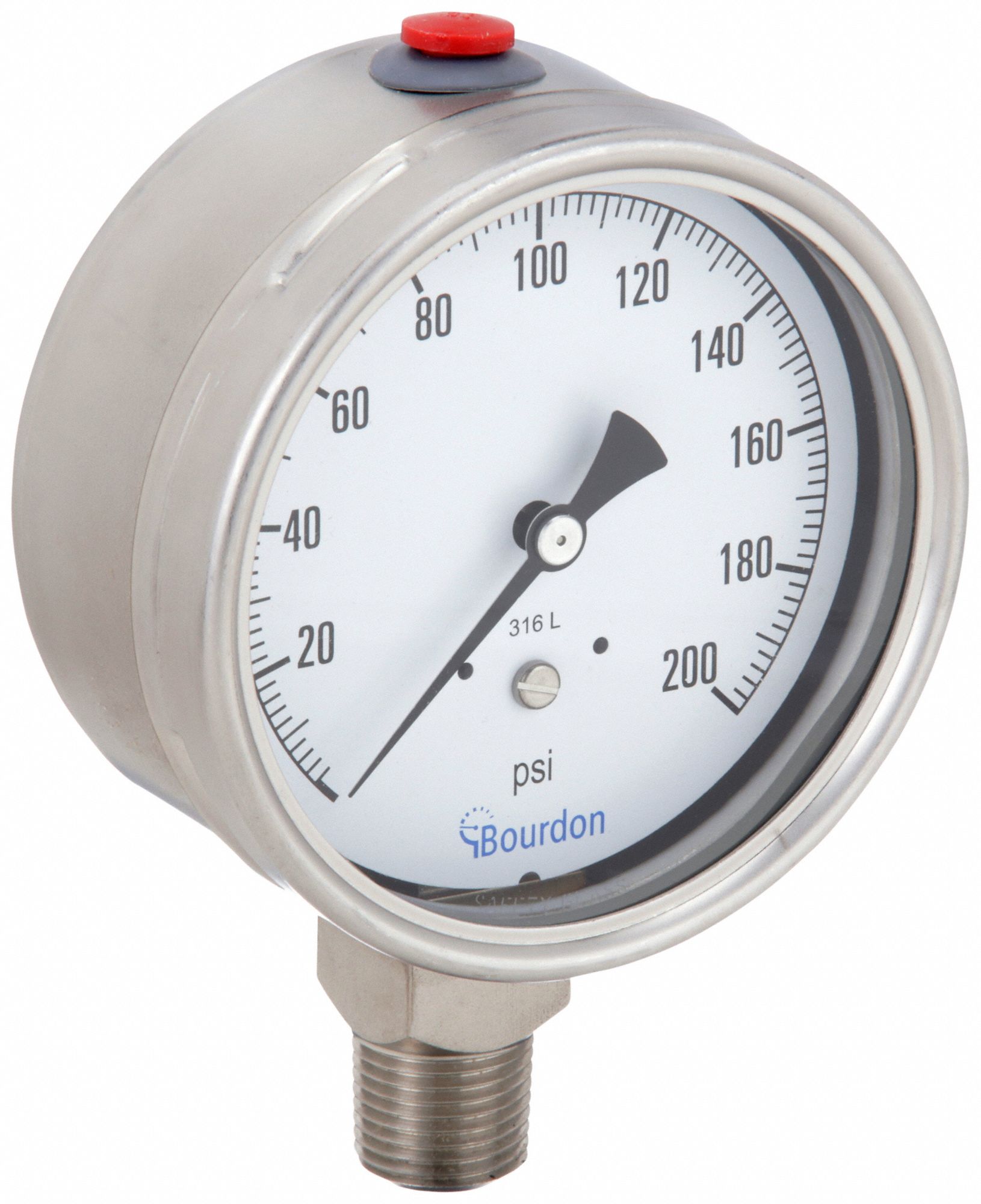 Industrial Pressure Gauge: 0 psi / Hg to 200 psi, 4 in Dial, 1/2 in NPT Male, Bottom, MEX5