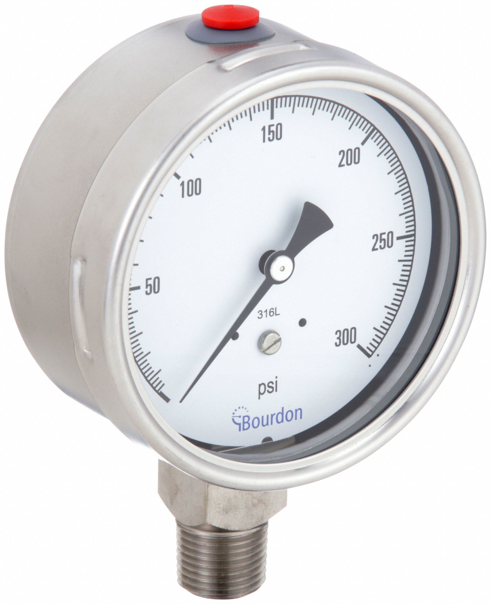 Industrial Pressure Gauge: 0 psi / Hg to 300 psi, 4 in Dial, 1/2 in NPT Male, Bottom, MEX5