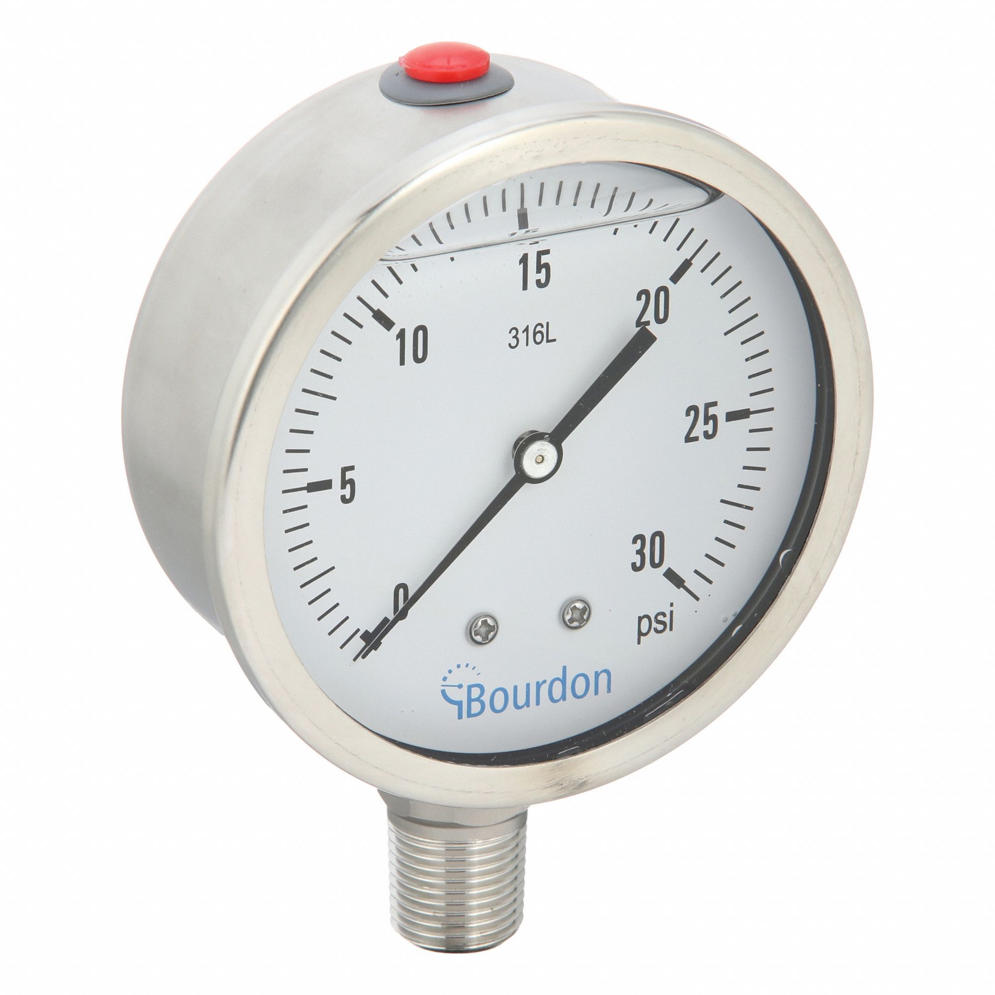 Industrial Pressure Gauge: 0 psi / Hg to 30 psi, 4 in Dial, 1/2 in NPT Male, Bottom, MEX5