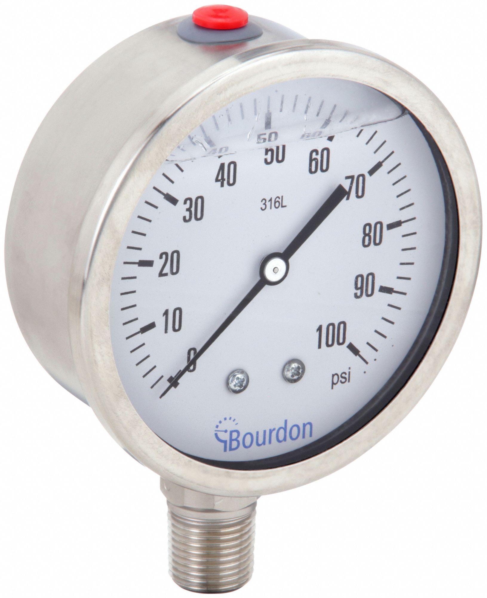 Industrial Pressure Gauge: 0 psi / Hg to 100 psi, 4 in Dial, 1/2 in NPT Male, Bottom, MEX5