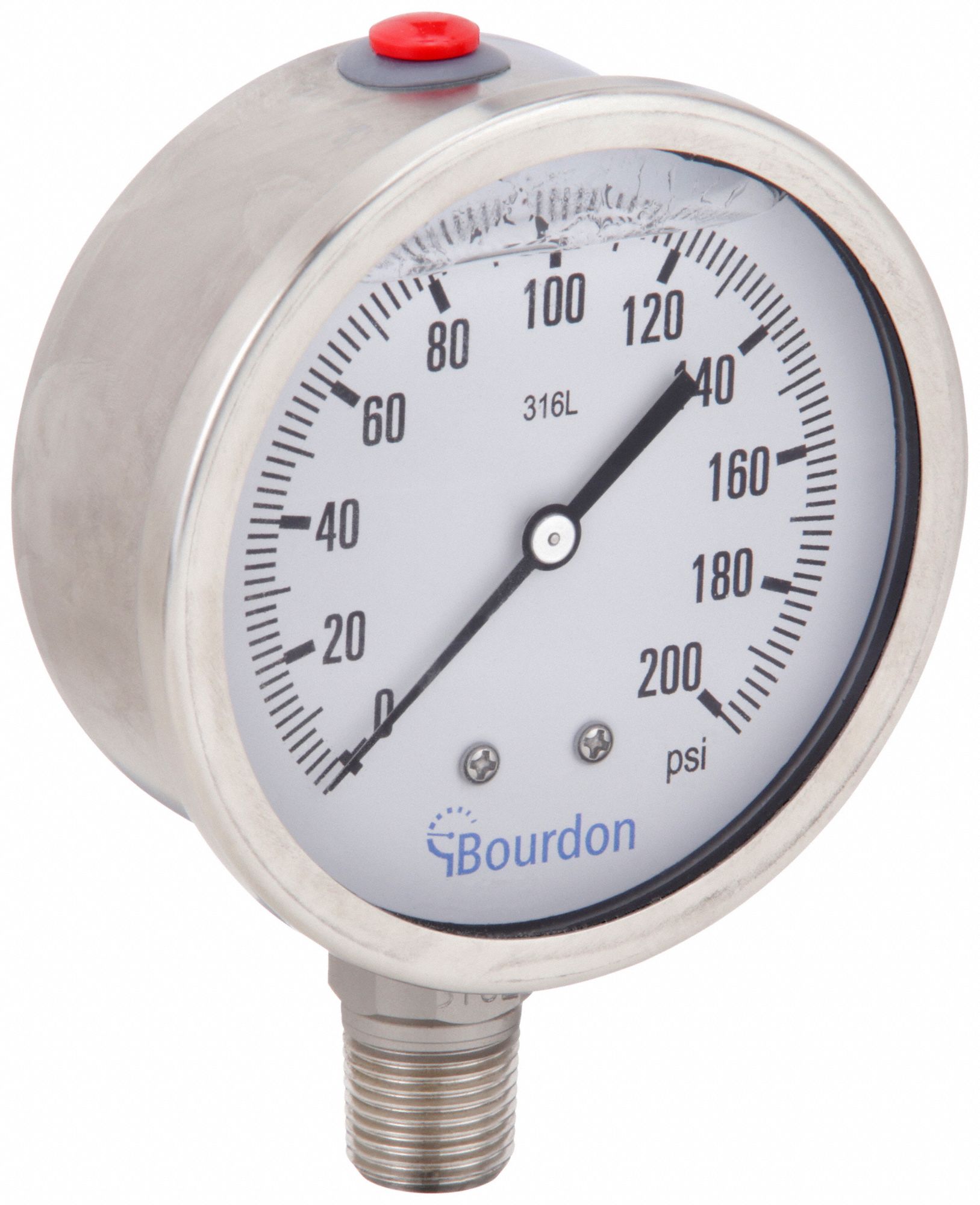 Industrial Pressure Gauge: 0 psi / Hg to 200 psi, 4 in Dial, 1/2 in NPT Male, Bottom, MEX5