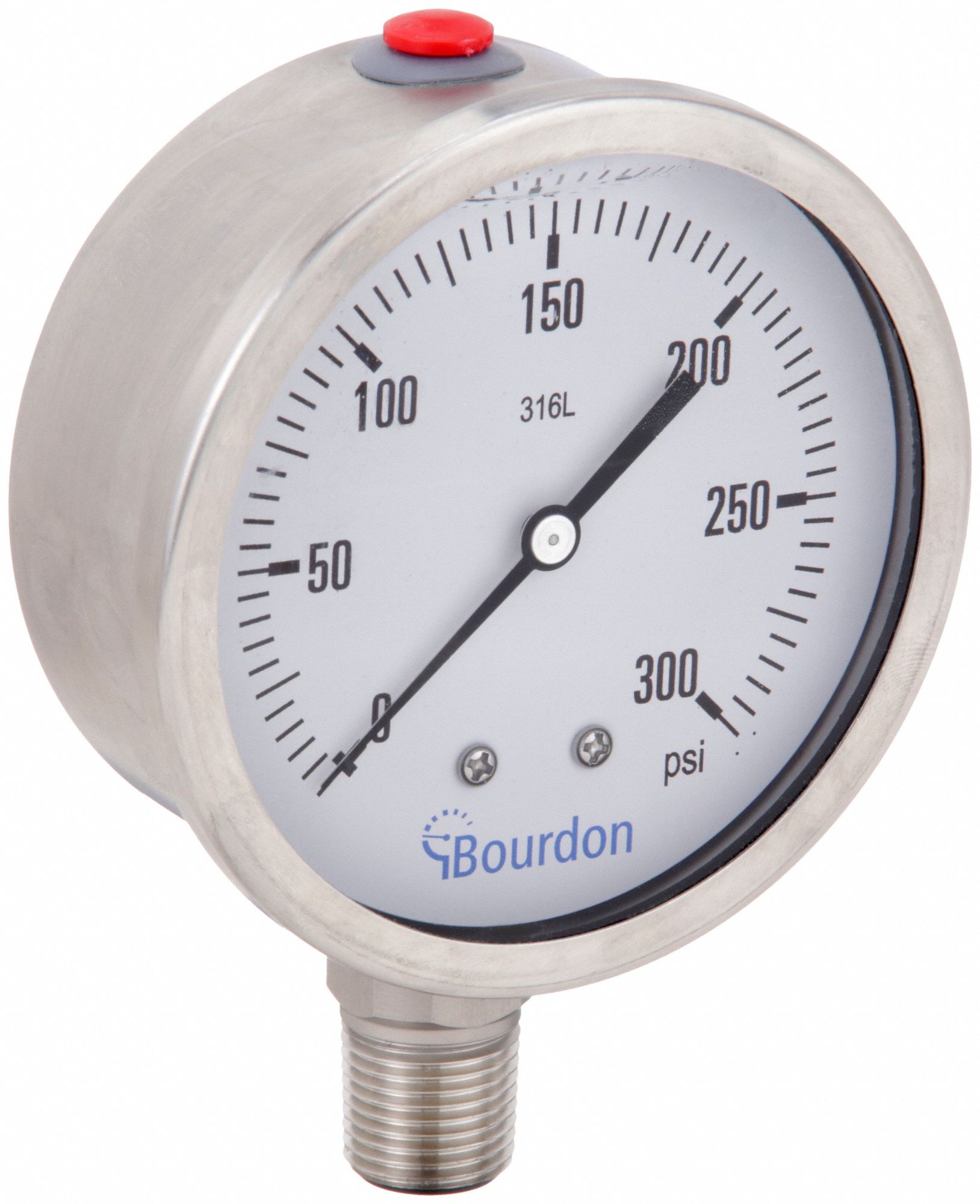 Industrial Pressure Gauge: 0 psi / Hg to 300 psi, 4 in Dial, 1/2 in NPT Male, Bottom, MEX5