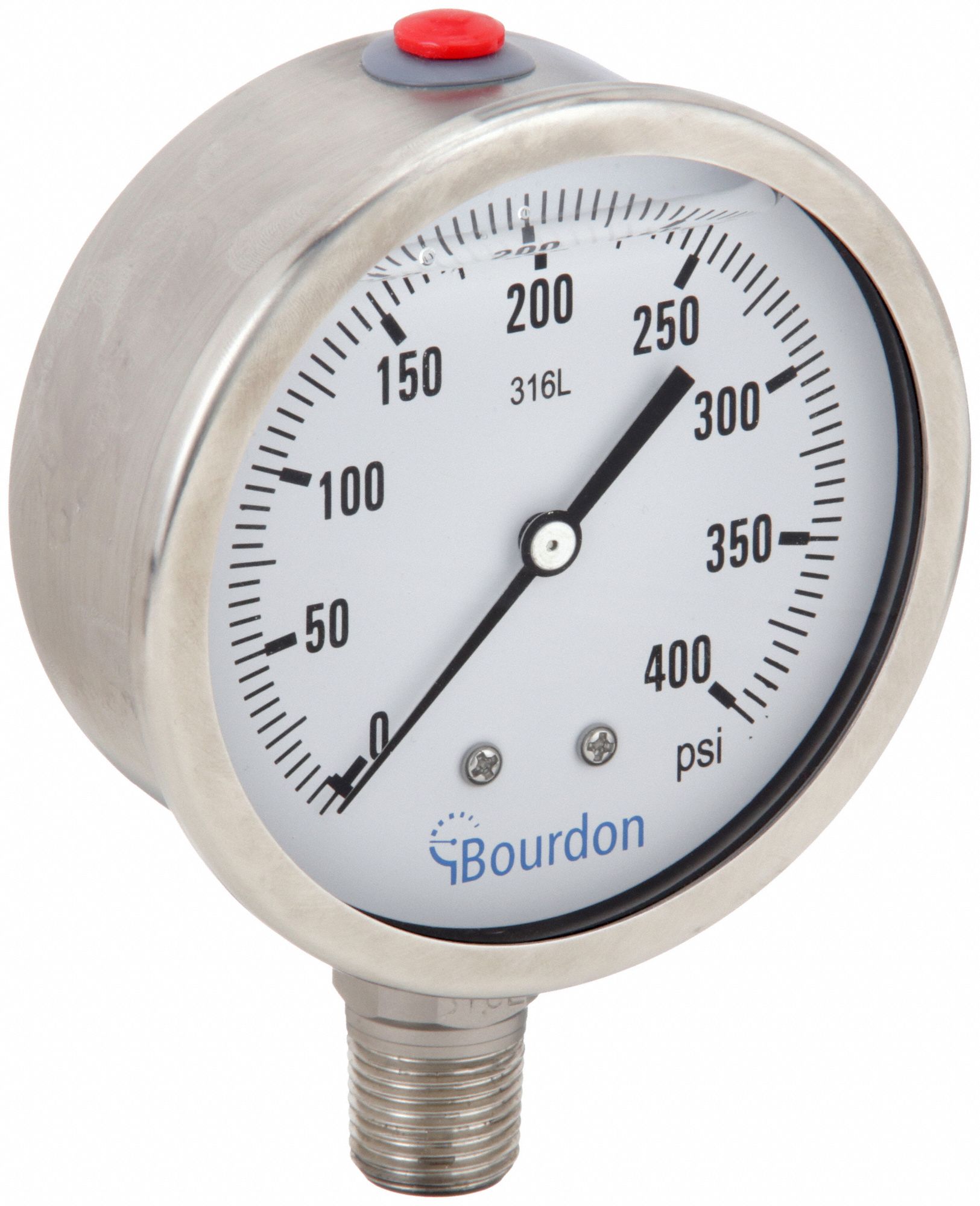 Industrial Pressure Gauge: 0 psi / Hg to 400 psi, 4 in Dial, 1/2 in NPT Male, Bottom, MEX5